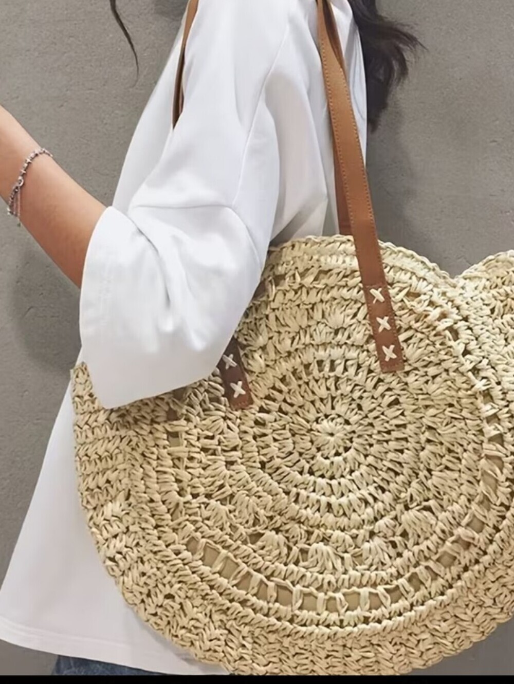 Straw Woven Tote Bag Double Handle Creamy White